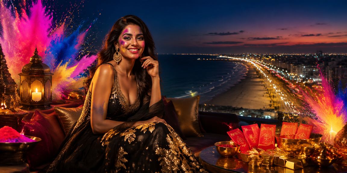 Holi festival bonus with red envelope at Chennai beach